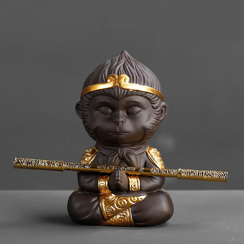 Purple Clay Kung Fu Tea Set Tea Pet Monkey King for Home Tea Tray Decoration Tea Tray Sun Wukong Statues Sculptures